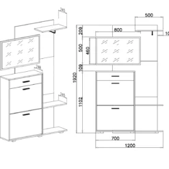 Next Ingresso Scarpiera 2 ante ribalta 1 cassetto Rovere Bianco Opaco con Specchio Appendiabiti, h192,2 x 120 x 24,8 cm