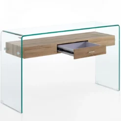 Noa Consolle vetro curvato trasparente ripiano con cassetto rovere h76 l125 p40