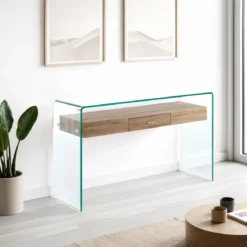 Noa Consolle vetro curvato trasparente ripiano con cassetto rovere h76 l125 p40