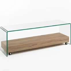 Noa Porta TV vetro curvato trasparente ripiano rovere con ruote h45 l130 p40