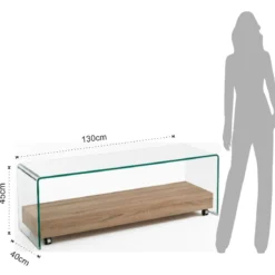 Noa Porta TV vetro curvato trasparente ripiano rovere con ruote h45 l130 p40