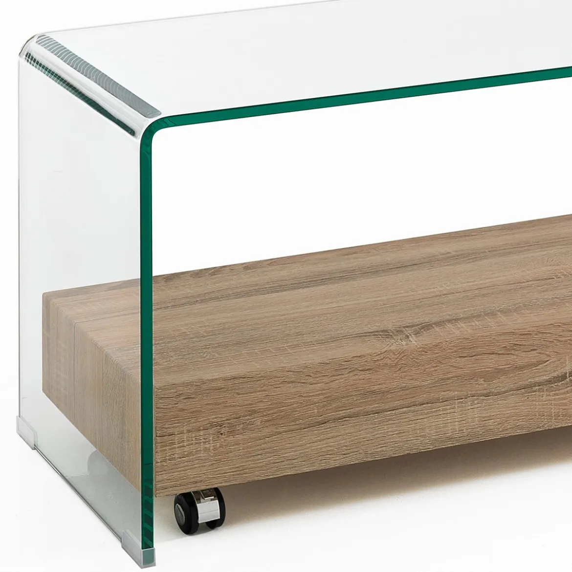 Noa Porta TV vetro curvato trasparente ripiano rovere con ruote h45 l130 p40