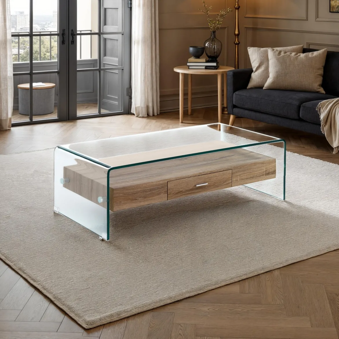 Noa Tavolino vetro curvato trasparente ripiano con cassetto rovere h35 l110 p55