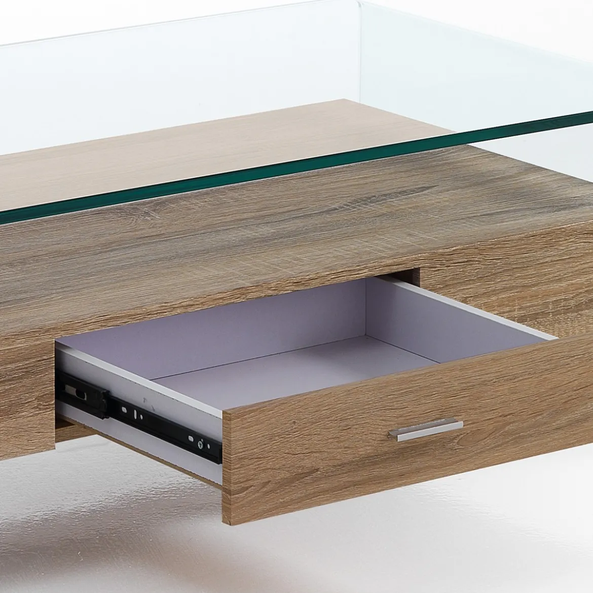 Noa Tavolino vetro curvato trasparente ripiano con cassetto rovere h35 l110 p55