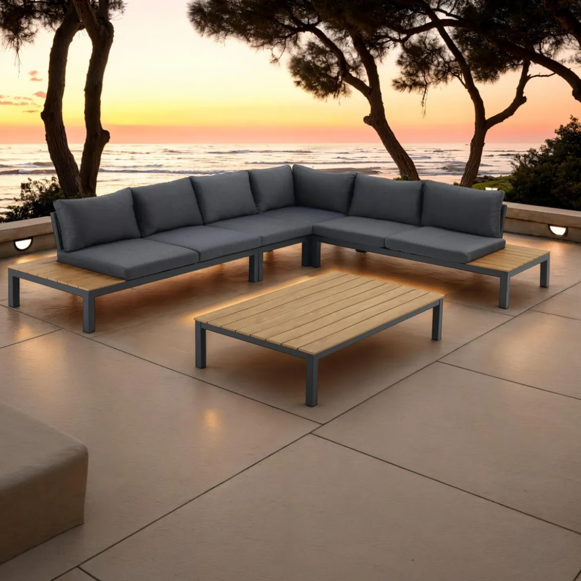Nydri grey salotto interno e esterno in alluminio antracite opaco cuscini di grigio 315x247xh76 cm