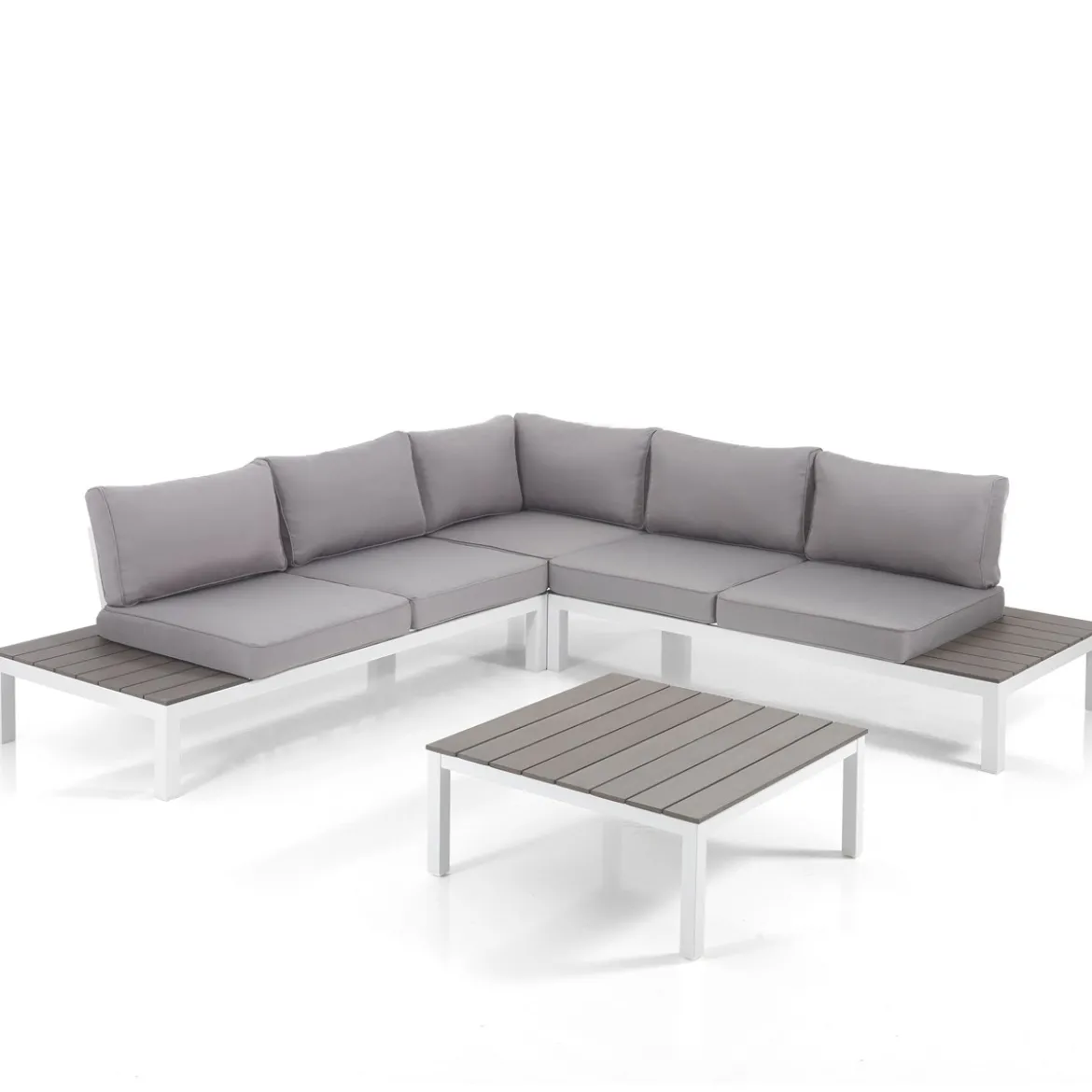 Nydri white salotto interno e esterno in alluminio bianco opaco cuscini di grigio chiaro 247x247xh76 cm