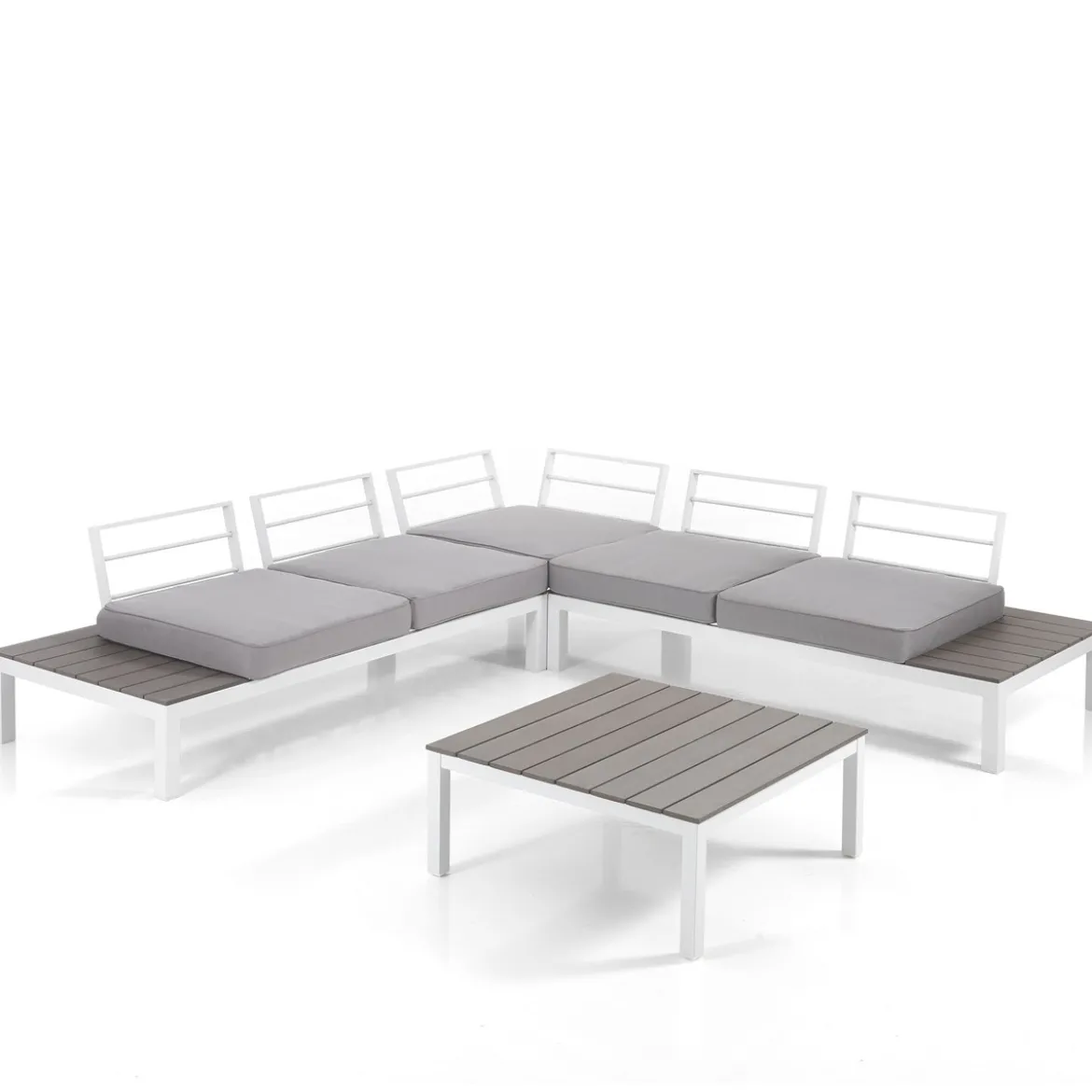 Nydri white salotto interno e esterno in alluminio bianco opaco cuscini di grigio chiaro 247x247xh76 cm
