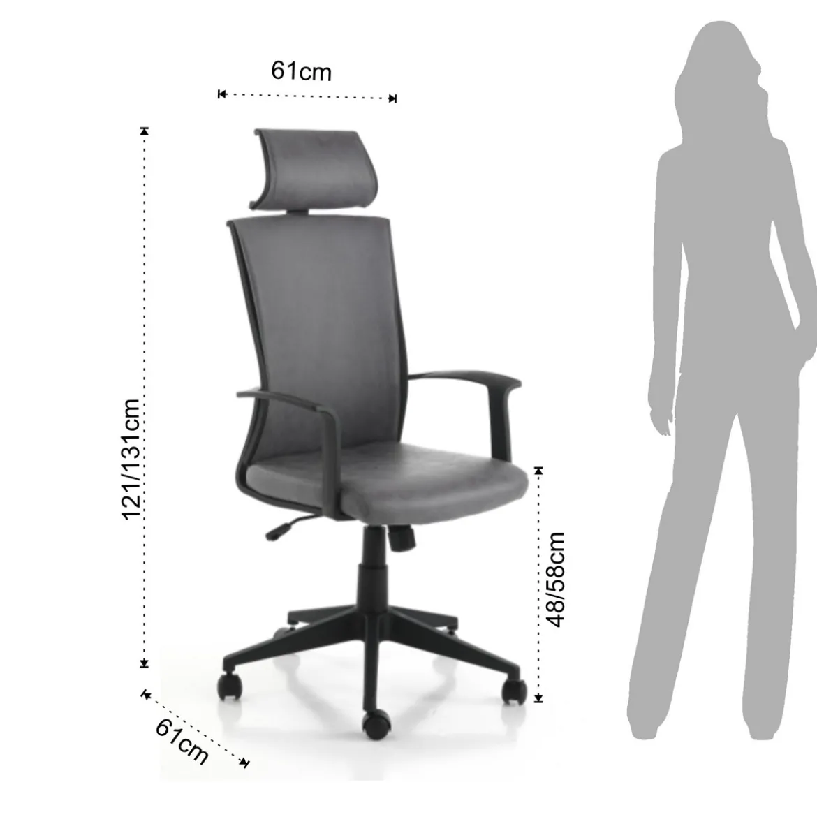 Ontario sedia da ufficio regolabile e girevole tao in pelle sintetica grigio effetto invecchiato con ruote 61x61 h121/131 cm