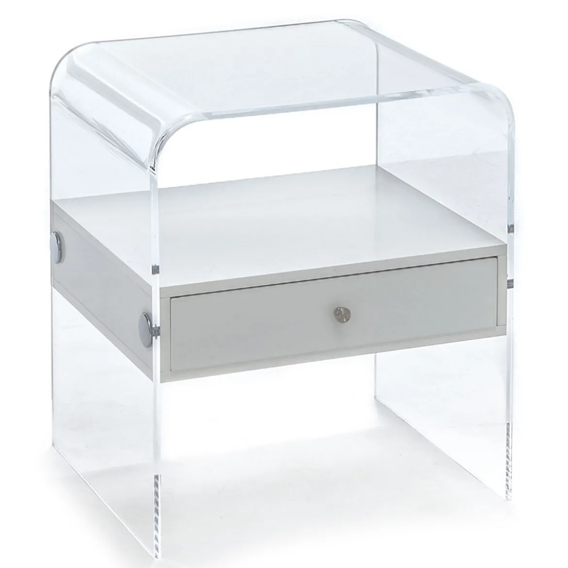 Panolia tavolino / comodino in acrilico trasparente con cassetto laccato bianco opaco 40x33 h45 cm