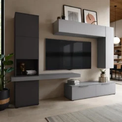 Parete soggiorno AXANDRA GRAPHITE finitura Grigio Graphite opaco Larice Grigio a poro aperto H207 L280 P496