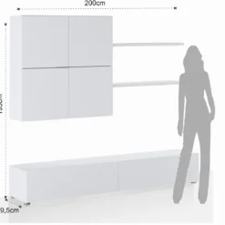 Parete soggiorno TONYA TOTAL WHITE finitura Larice Bianco a poro aperto cm H194 L200 P395