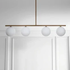 Party evo lampadario in metallo ottone anticato opaco 4 paralumi in vetro bianco opaco 95x15.5 h90 cm