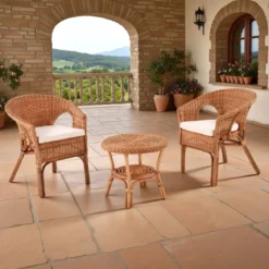 Pienza set living da interno/esterno portonovo in rattan colore naturale 2 poltrone con cuscini in cotone e tavolino