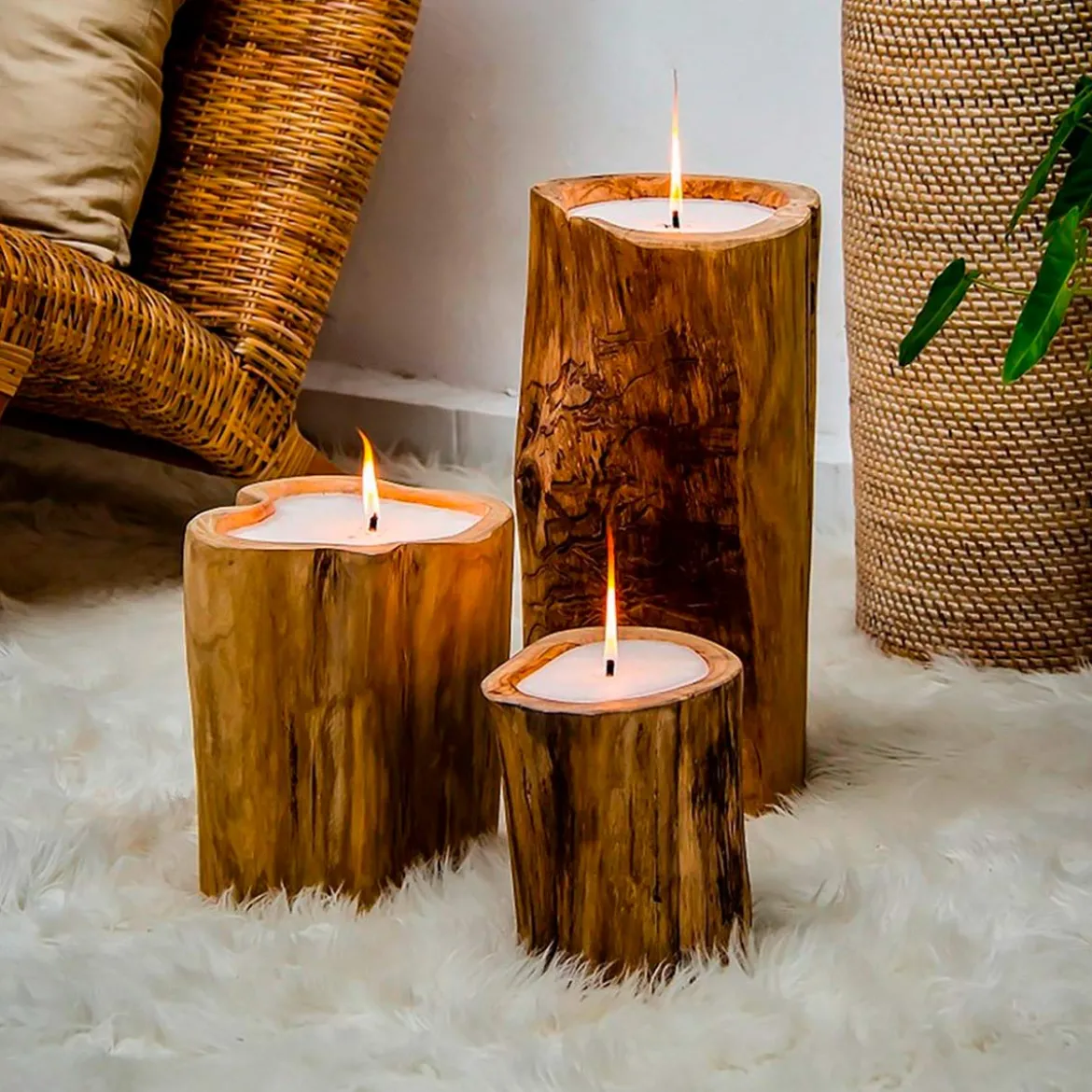 Pit set 3 candele in legno riciclato d20xh18 d22xh25 d25xh35 cm