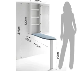 Platico pensile con asse da stiro laccato bianco opaco anta con specchio h120 l40 p18 cm