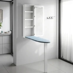 Platico pensile con asse da stiro laccato bianco opaco anta con specchio h120 l40 p18 cm
