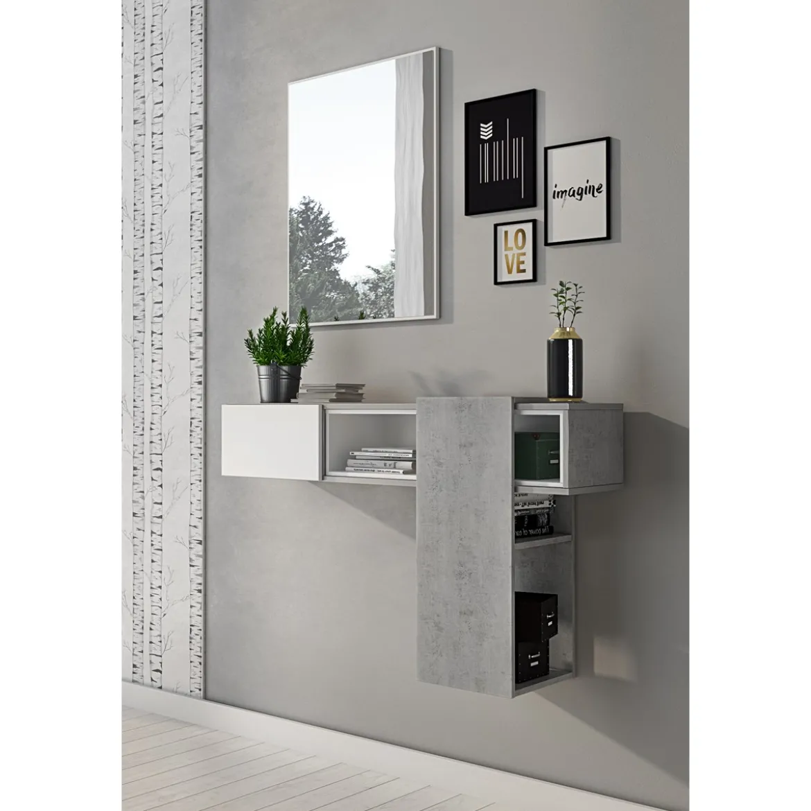 Play cement mobile ingresso bianco opaco e cemento con specchio 100x31.2xh75 cm