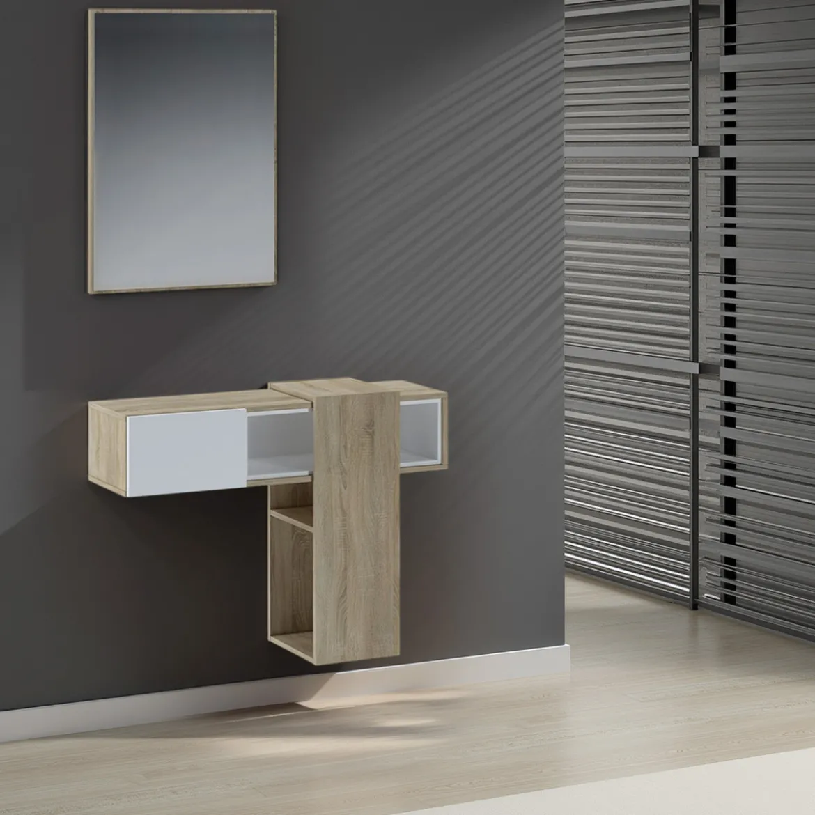 Play Wood mobile Ingresso Sospeso con Specchio e cassetto finitura Rovere, 100 x 31.2 x h 75 cm