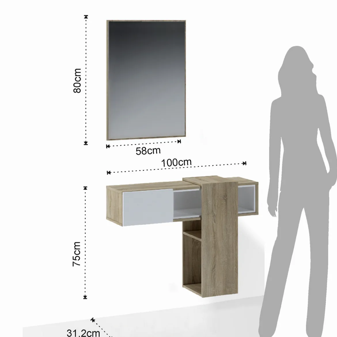Play Wood mobile Ingresso Sospeso con Specchio e cassetto finitura Rovere, 100 x 31.2 x h 75 cm