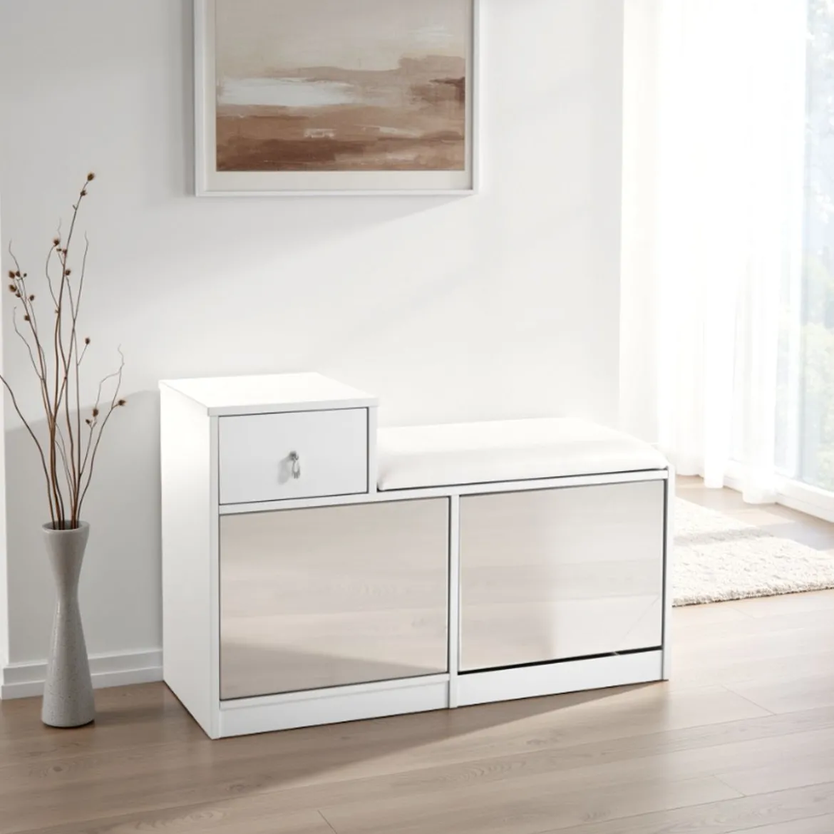 Pratiko-a scarpiera / panca in mdf laccata bianco opaco 2 ante a specchio e 1 cassetto 90x34xh85 cm