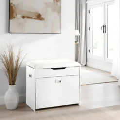 Pratiko-b scarpiera / panca in mdf laccata bianco opaco 1 anta e 1 vano contenitore 60x30xh55 cm