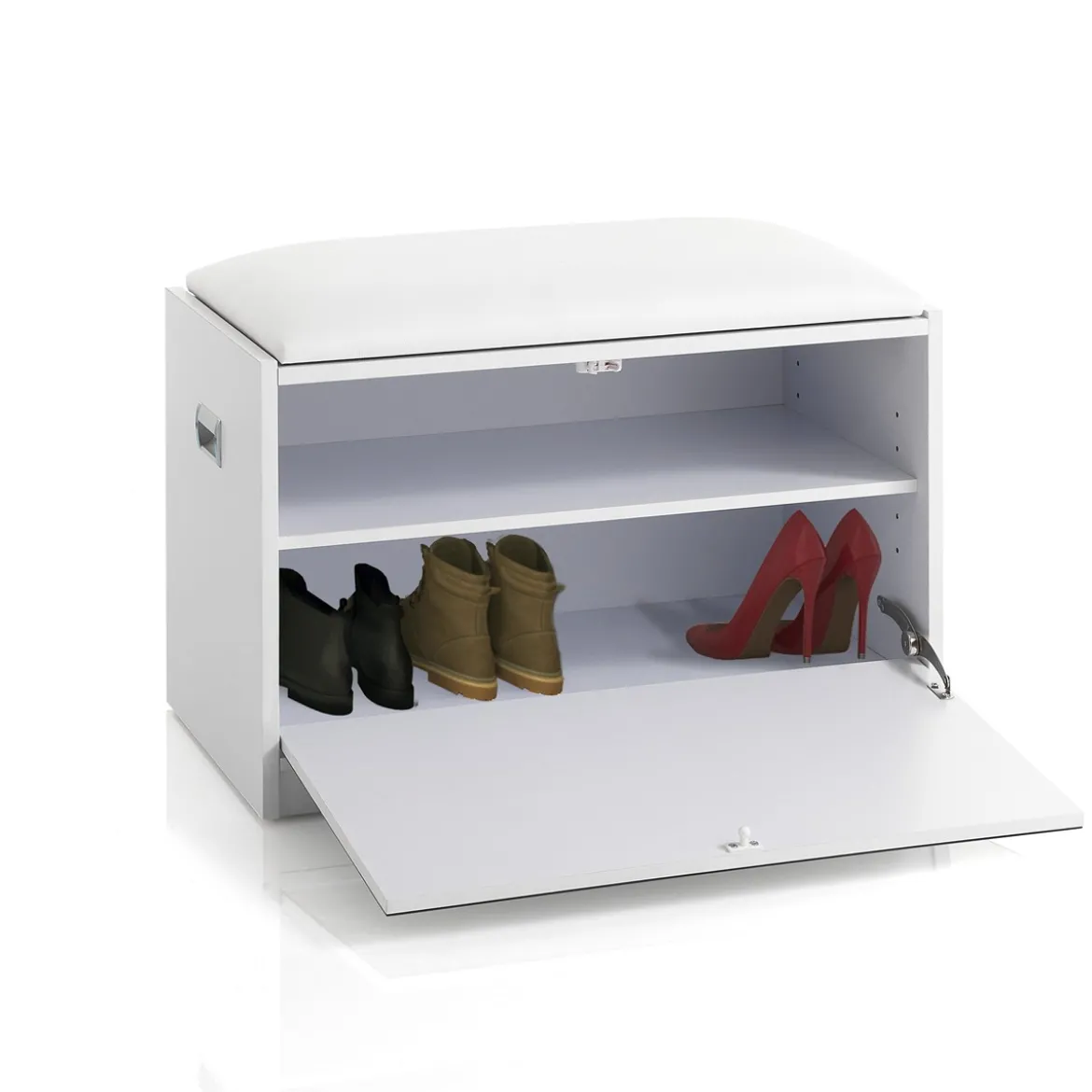 Pratiko-c scarpiera / panca in mdf finitura bianco opaco cuscino in pelle sintetica bianco anta a specchio cm h44 l63 p34