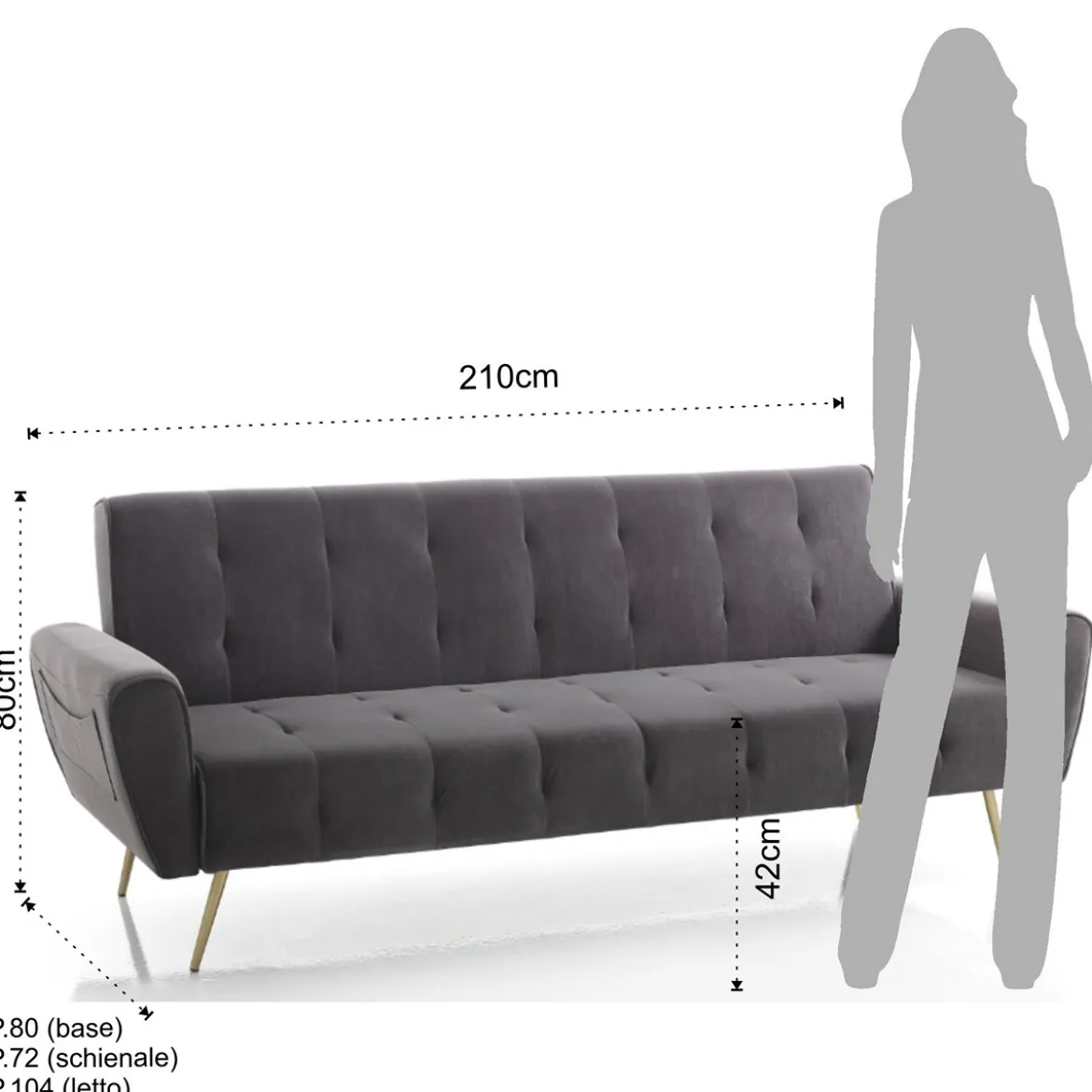 Premier divano letto braccioli con tasche tessuto microfibra grigio scuro