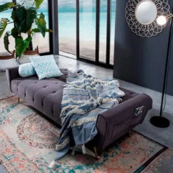 Premier divano letto braccioli con tasche tessuto microfibra grigio scuro