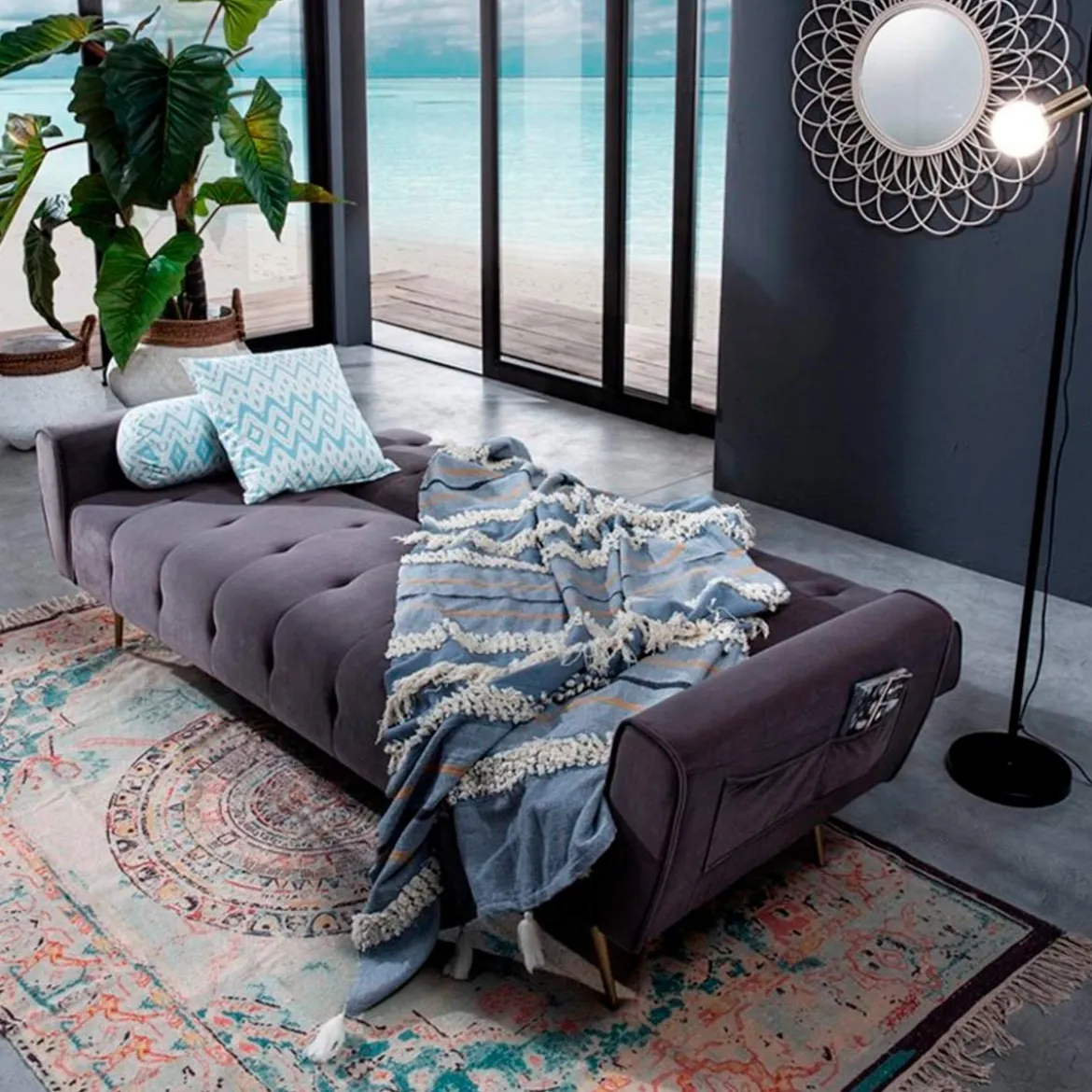 Premier divano letto braccioli con tasche tessuto microfibra grigio scuro