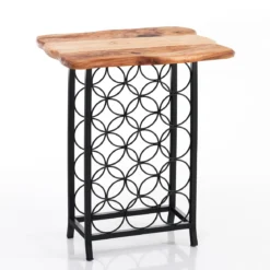 Ras tavolino / cantinetta in metallo nero opaco piano in legno massello 15 bottiglie 46x35.5 h56 cm