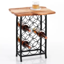Ras tavolino / cantinetta in metallo nero opaco piano in legno massello 15 bottiglie 46x35.5 h56 cm