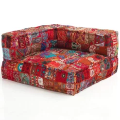 Red isy divano 2 posti basamenti in rattan sbiancato rivestimento cotone patchwork rosso cm. l160 p80 h70