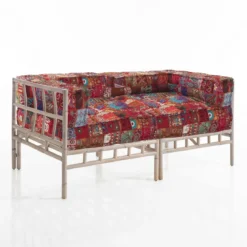 Red isy divano 2 posti basamenti in rattan sbiancato rivestimento cotone patchwork rosso cm. l160 p80 h70