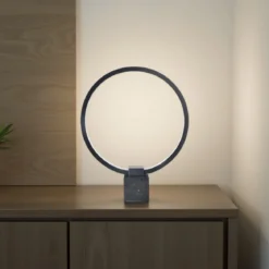 Ring lampada da tavolo led in metallo verniciato nero opaco con base in marmo nero 30x7 h37 cm