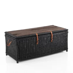 Rino black tavolino contenitore in rattan nero e legno sbiancato per interno/esterno 110x50xh45 cm