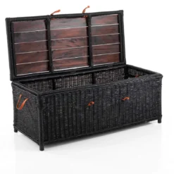 Rino black tavolino contenitore in rattan nero e legno sbiancato per interno/esterno 110x50xh45 cm