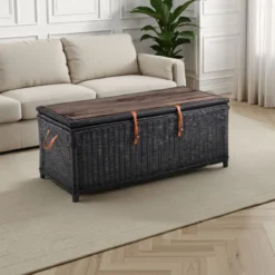 Rino black tavolino contenitore in rattan nero e legno sbiancato per interno/esterno 110x50xh45 cm