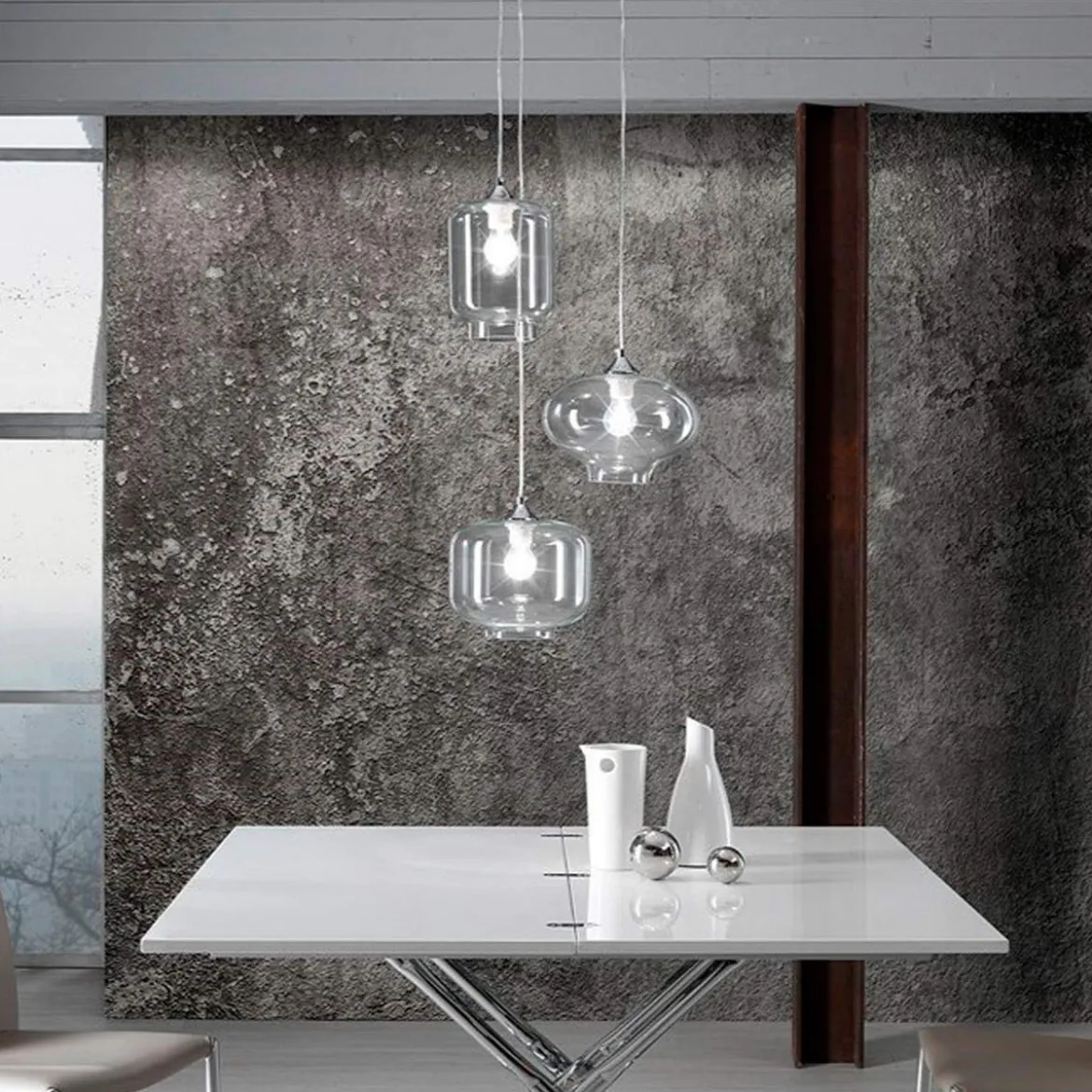 Saky clear lampadario 3 luci in vetro trasparente h126 d47 cm