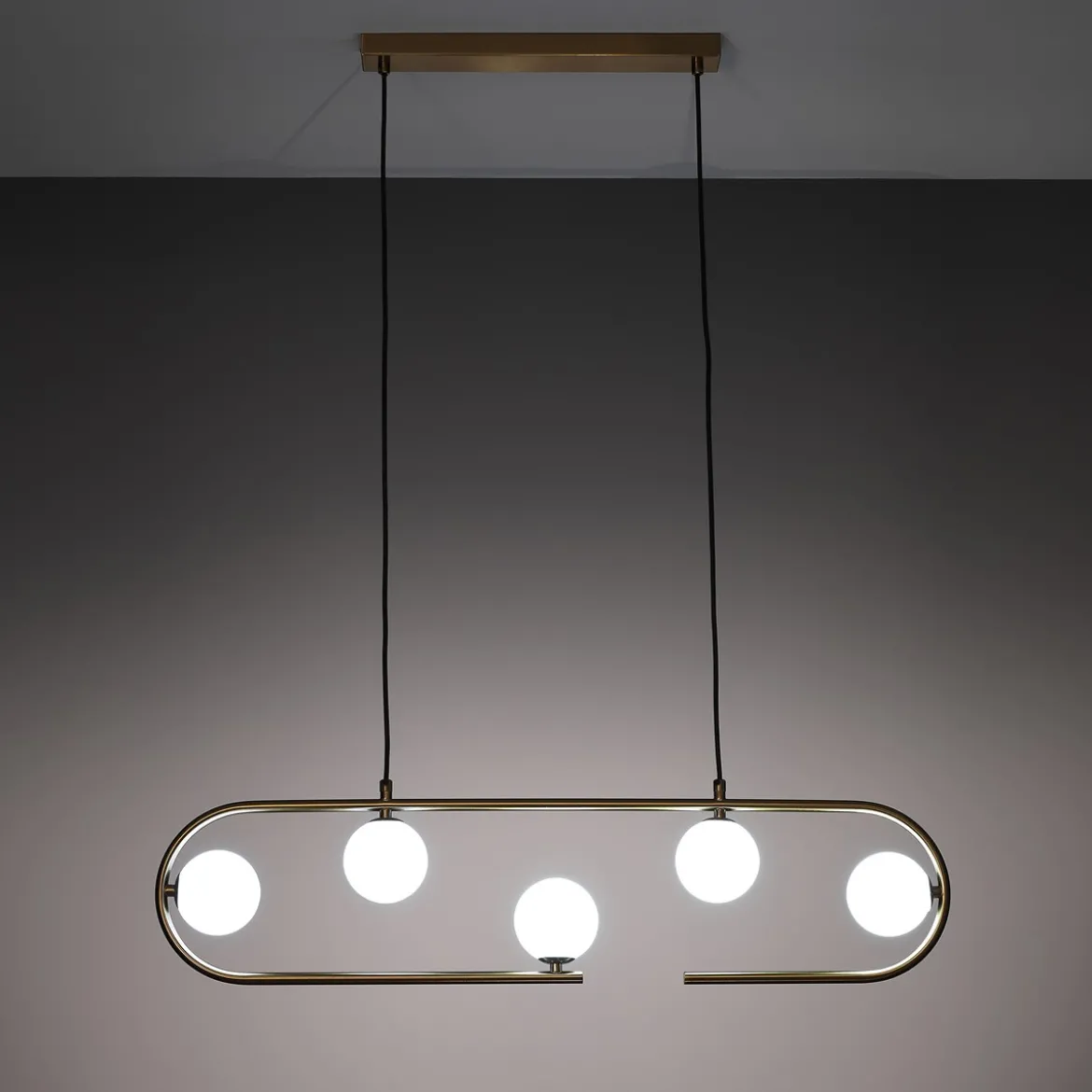 Show lampadario in acciaio ottone opaco e vetro bianco opaco 86x9.5xh22 cm