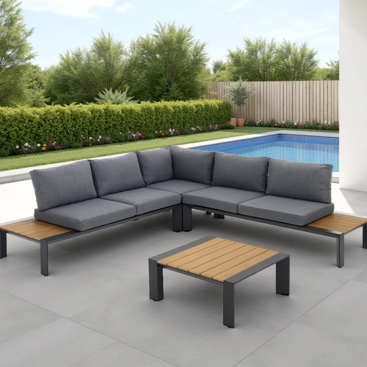 Skorpios salotto interno e esterno in alluminio antracite opaco cuscini di grigio 244x244xh80 cm