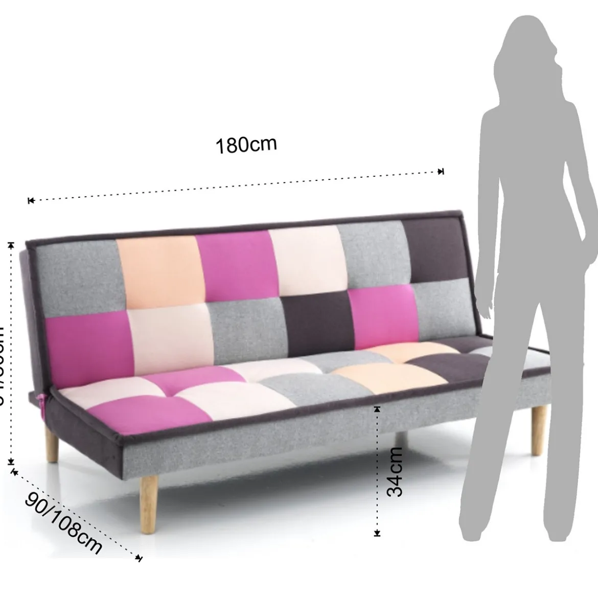 Smart-b divano letto in tessuto multi-colore l180 p90 h80
