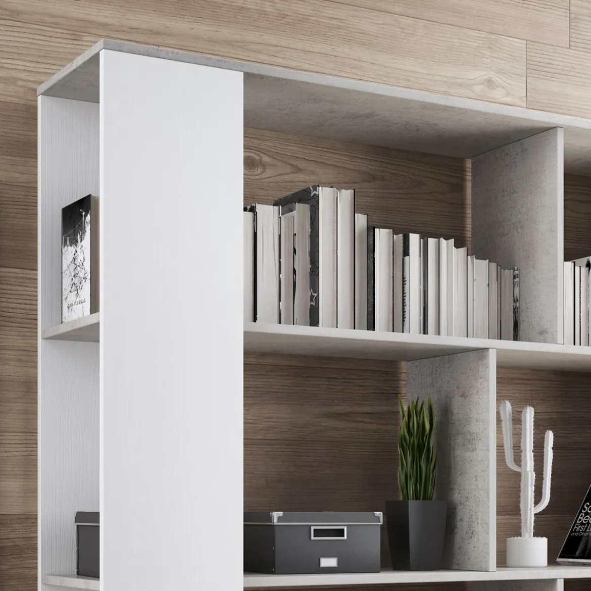 Smart varsavia libreria finitura larice bianco e grigio cemento 129x33xh174 cm