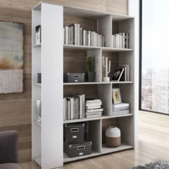 Smart varsavia libreria finitura larice bianco e grigio cemento 129x33xh174 cm