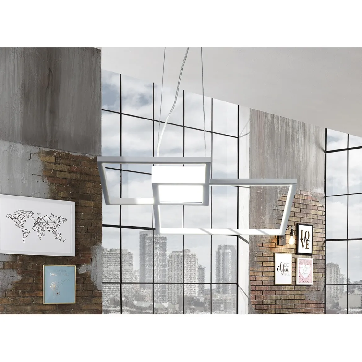 Square white lampadario led in metallo bianco opaco con filo regolabile 54x54 h8 cm