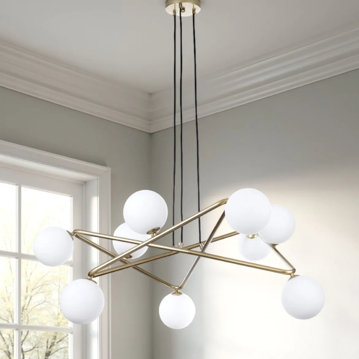 Star lampadario in metallo verniciato ottone opaco e sfere in vetro bianco opaco con cavo regolabile 110x110 h43 cm
