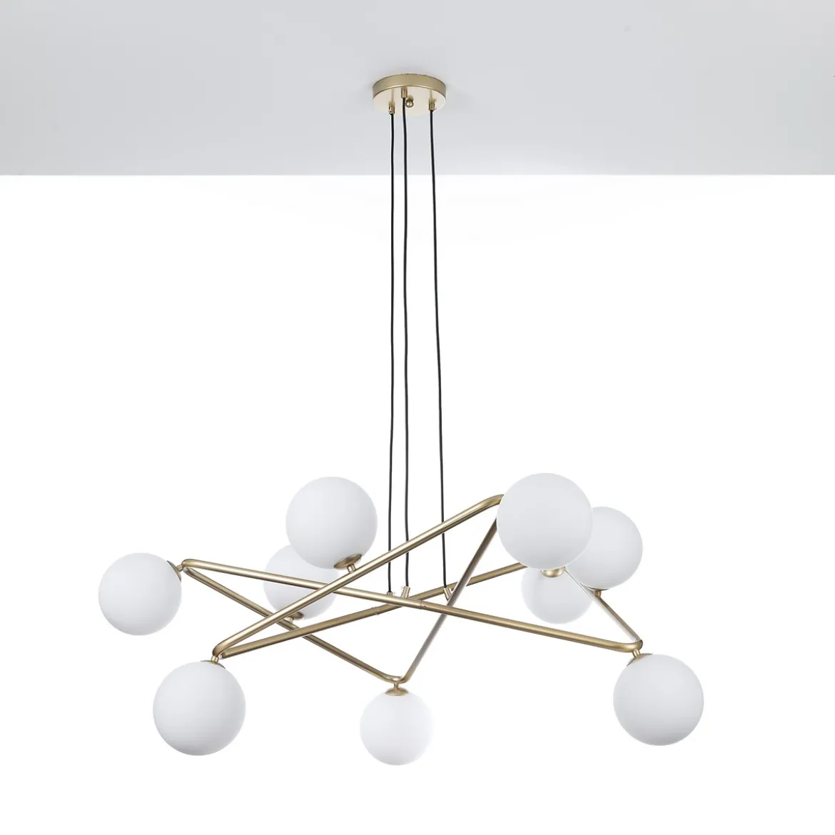 Star lampadario in metallo verniciato ottone opaco e sfere in vetro bianco opaco con cavo regolabile 110x110 h43 cm