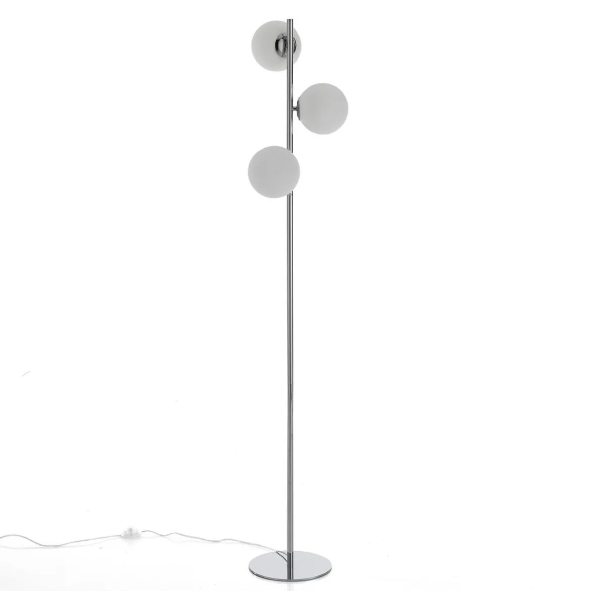 Street lampada da terra in acciaio cromato con sfere direzionabili in vetro bianco d30 h160 cm