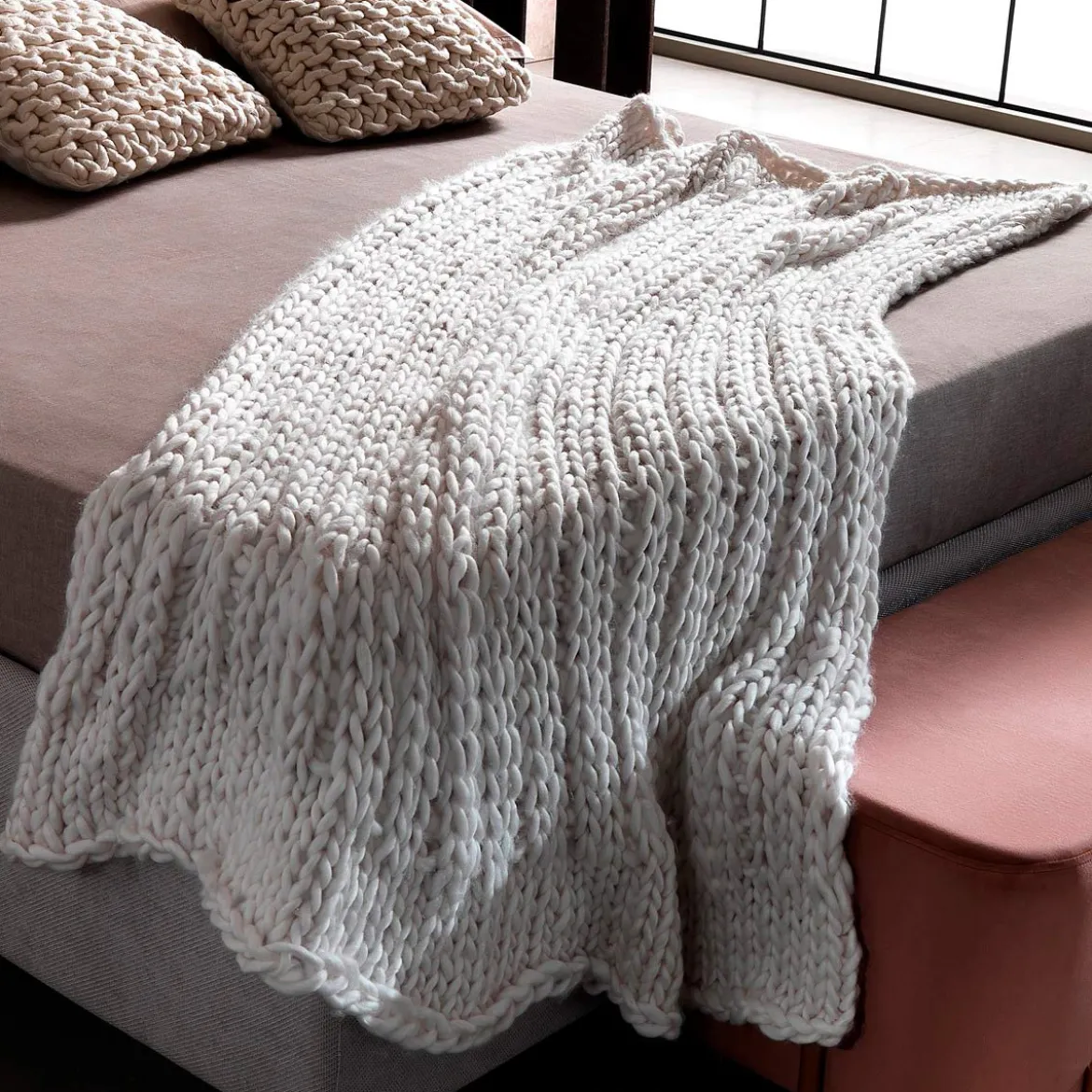 Tender coperta quadrata maglia grossa bianca 150x150 cm