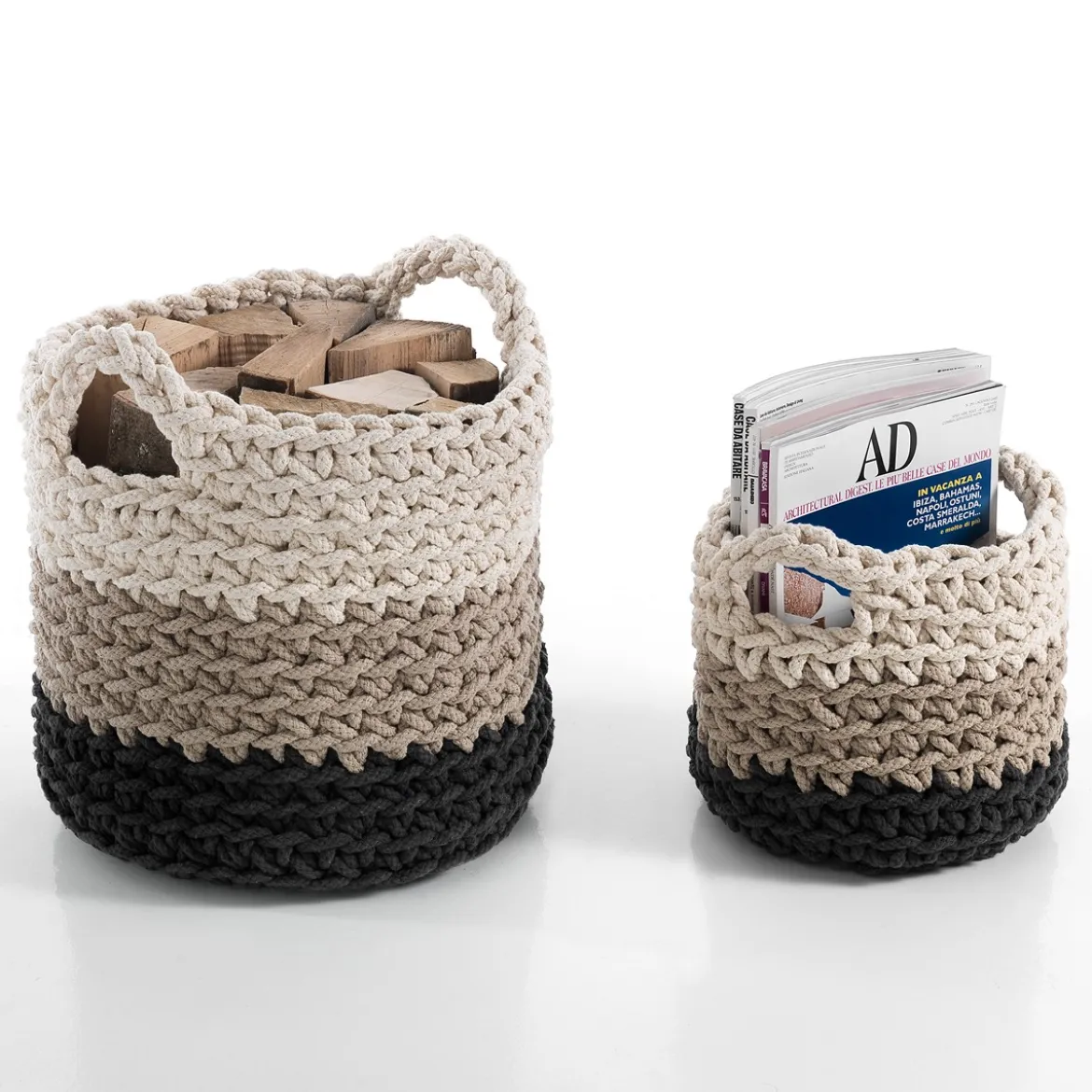 Tender set 2 ceste multifunzione 100% cotone grigio tortora beige porta legna riviste giochi biancheria