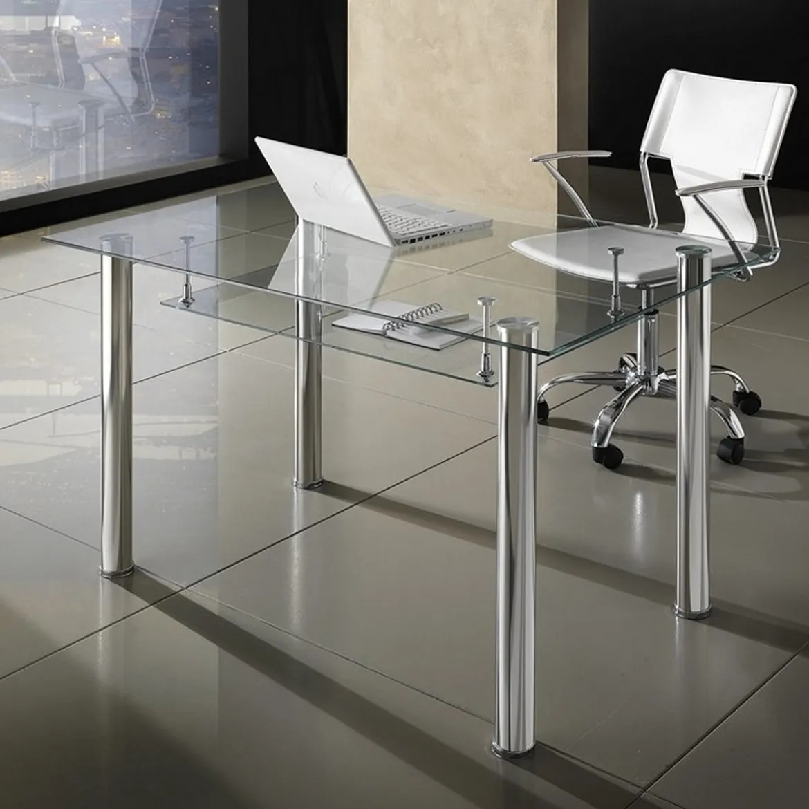 Tense Scrivania in Vetro trasparente e Metallo Cromato, 120 x 70 x h 75 cm